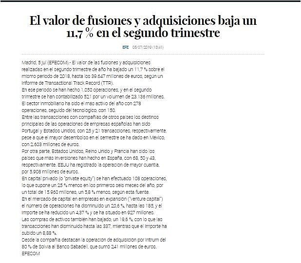 El valor de fusiones y adquisiciones baja un 11,7 % en el segundo trimestre